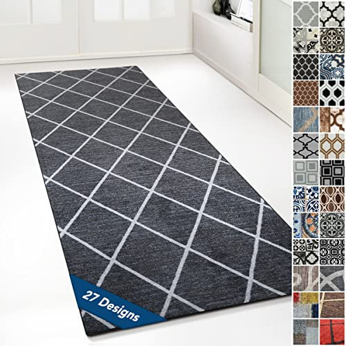 Floordirekt Teppichläufer mit Muster - maßgefertigter Feinschlingen Teppich Läufer für Küche, Flur & Wohnraum - Ornament Vintage Orient Gitter (80 x 300 cm, Cosenza Schwarz)