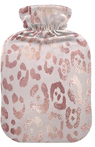 Hot Water Bottle with Soft Cover Leopard Skin Rose Gold Removable Hot Cold Water Bag for Pain Relief, Menstrual Cramps, Feet Warmers Small Elegant Texture