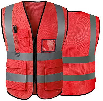 Warnwesten für Damen und Herren, hohe Sichtbarkeit, reflektierende Sicherheitsweste mit Taschen, Reißverschluss vorne, erfüllt ANSI/ISEA-Standards, Rot (Netzgewebe), XL