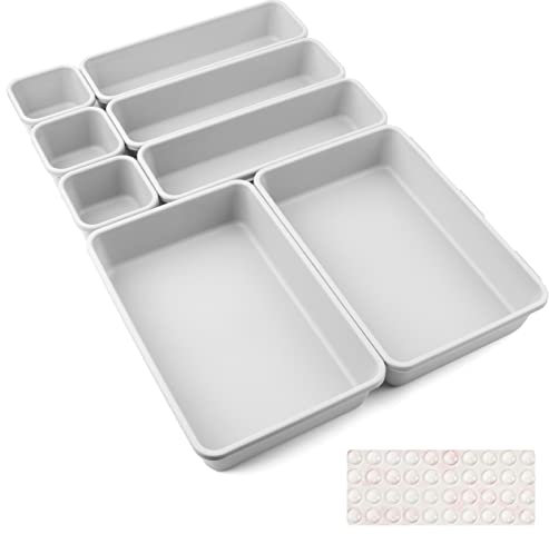 Schubladen Einlagen 8 Stk Trennsystem Gewürz Organizer Schublade Trenner Bad Organizer Boxen Set mit Silikon-Anti-Rutsch-Kugel Hemnes Kommode Küche Schreibtisch Utensilien(Hellgrau)