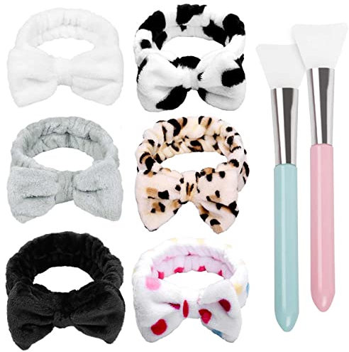 TERSE Haarband Schminken Damen Mädchen Bowknot Kosmetik Stirnband mit 2 Stück Silikon Maskenpinsel Süße Korallenrot Fleece für SPA Waschen Gesicht