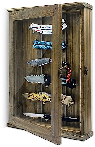Pocket Knife Collection Display Case - for 6 Knives, Rustic Farmhouse Style Wall Mount Shadow Box Rack for Folding Knife Storage Organizer, Wood Small Cabinet Shelf for Every Day Carry, Gift for Men