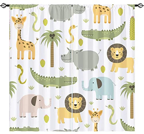 YUANZU Kinder-Vorhänge, Stangentasche, Tier, Safari, Nilpferd, Krokodil, Löwe, Elefant, Giraffe, Wald, Zoo, Muster, Fenstervorhänge für Jungen, Mädchen, Kinderzimmer, Baby-Schlafzimmer, Spielzimmer, B