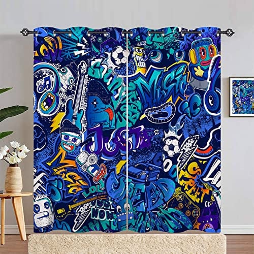 ANHOPE Graffiti Fußball Auto Gamepad Vorhänge mit Ösen Kinder Jungen Mädchen Gardinen Blickdichte Thermo Vorhang Blackout Curtain Schlafzimmer Wohnzimmer Verdunklungsvorhänge 2er Set H 214 x B 117 cm