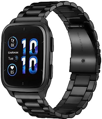 MiRowy 20mm Metall Armband für Garmin Approach S50/S44/Vivoactive 6/5/Forerunner 570 42mm/165/165 Music Ersatzband, Garmin Venu Sq 2/Sq 2 Music Edition/Venu 2 Plus Edelstahl Uhrenarmband - Schwarz