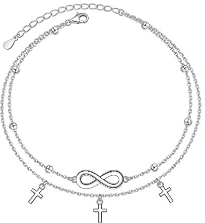 DAOCHONG Bracelet de cheville en forme de croix infini en argent sterling réglable avec perles minuscules et croix multicouches pour pied, bijoux de plage pour femme