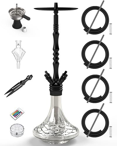 NOBLE HOOKAH Cachimba Shisha Completa Grande, 100 cm de Altura, 4 Conectores, Completo con Manguera, Mango, luz Mmbiental LED, Recolector de miel, Juego de Cazoleta, Clip y ¡mucho más