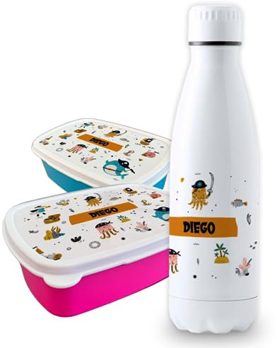 Pack vuelta al cole diseño piratas botella personalizada + fiambrera personalizada con texto para el colegio o guardería. Libre BPA y reutilizable | Bebidas frías y calientes hasta 12h