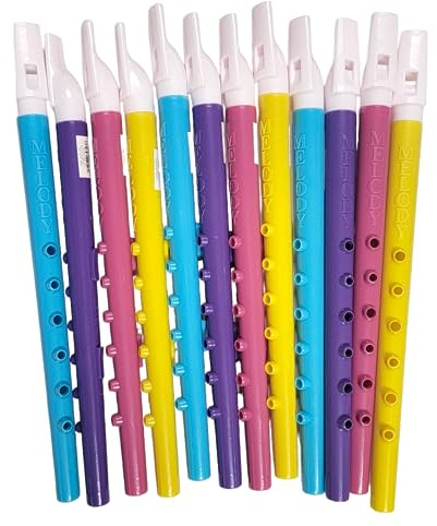 Assorted Colors Plastic Flutes (11) 6 Holes. Musical Wind Recorders Sound Instrument for Kids Toy for Music Party Favors Supplies (Twelve Flutes)
