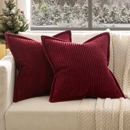 EMEMA Kordsamt Kissenbezug Weiche Kissenhülle Dekorative Sofakissen 50x50 cm 2er Set Dekokissen Moderne Zierkissenbezug Gestreifte Kissenbezüge für Wohnzimmer Schlafzimmer Weinrot