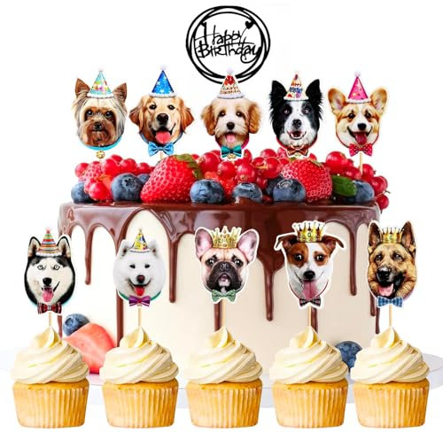 SEPSCO Dog Cake Decorations Topper, 11Pcs Puppy Cupcake Decoration Happy Birthday Personalised Cake Toppers Cute Dogs Theme Party Picks Reusable Decor for Animal Pet Birthday Dog Enthusiasts Kids