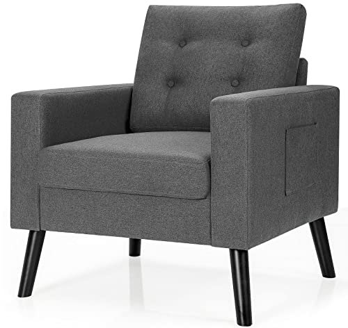 HOMASIS Sessel mit 2 Seitentaschen, Relaxsessel mit Rückenlehne & Armlehnen, Sitztiefe 53 cm, Polstersessel mit Holzbeinen, Einzelsofa Fernsehsessel für Wohnzimmer Schlafzimmer, 67 x 81 x 86 cm (Grau)