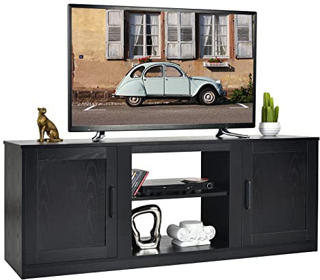 COSTWAY TV Stand for TVs up to 65 Inches, Wooden TV Cabinet Media Entertainment Center with 2 Doors & Adjustable Shelves, Living Room Bedroom TV Unit Console Table for 18 Electric Fireplace (Black)