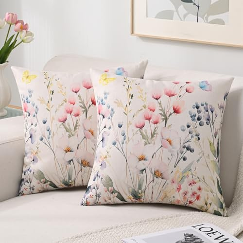 HomeStilez Kissenbezug 45x45 cm Kissenhülle Frühling Moderne Wasserdichtes Leinen Bunte Wilde Blumen und Schmetterlinge Sofakissen Dekokissen für Sofa Schlafzimmer Outdoor 2er Set