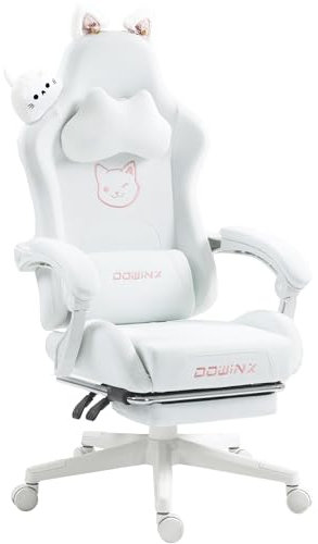 Dowinx Gaming Chair Cute with Cat Ears and Massage Lumbar Support, Ergonomic Computer Chair for Girl with Footrest and Headrest, Comfortable Reclining Game Chair 290lbs for Adult, Teen, White