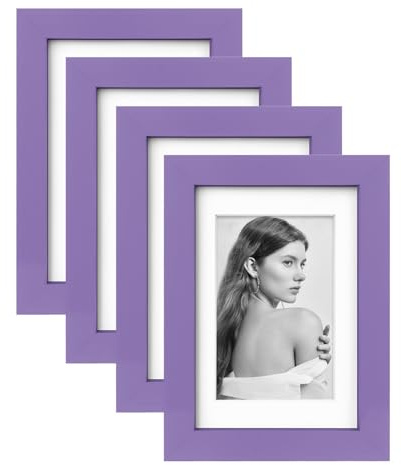 EGOFINE 6x4 Photo Frames Set of 4,Solid Wood Frames with Acrylic Glass,Matted for 3.5x5/4x6 inch Picture,6x4 Picture Frames for Tabletop and Wall Mounting,10x15cm Small frames for Printing,Purple