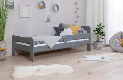 TiCAA Einzelbett Kinderbett Jugendbett, Bennet mit Rausfallschutz & Lattenrost für Schlafzimmer, Kinderzimmer Kiefer Massivholz Bettgestell 90/120 x 200 cm
