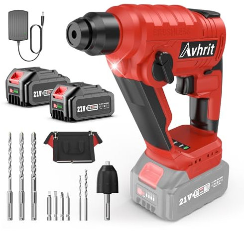 Avhrit 21V Akku Bohrhammer mit bürstenlosem Motor, Bohrhämmer Kit 2 x 4.0Ah Akkus, Adapter, 1.6J SDS Plus Akku Schlagbohrmaschine, ideal für Heimwerker und DIY-Nutzer
