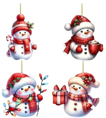 AebDerp 4pcs Acryl Schneemann Weihnachts Anhänger DIY Deko | 2D Christbaum Anhänger mit Seil für Tasche,Schlüsselanhänger,Kette,Haus,Wand,Garten und Party