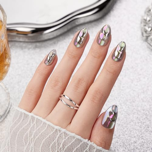 VSALON Press on Nails Short Almond - Chrome Silver Cat Eye 3D Swirl Design Fake Nails Kit for Women, Reusable Salon Quality Glue on Nails - 32 PCS Stick on Nails in 16 Sizes with Glue & Cuticle Oil