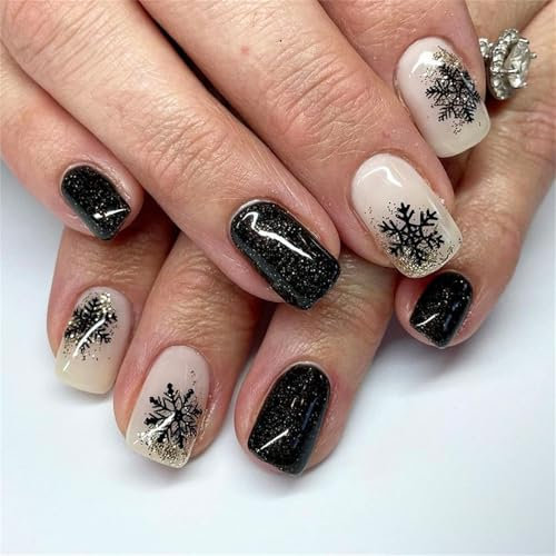 24 Pcs Christmas False Nails Short - Black and White Square French Tip False Nails With White Snowflake Glitter - Press on Nails with Glue - Black Stick on Nails for Women, Festival Holiday Fake Nail