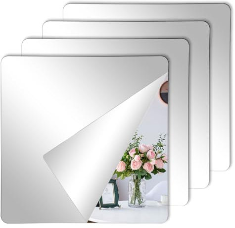 Specchi adesivi - Specchi adesivi da parete - Carta specchio adesiva - set da 4-20x20 cm - spessore 2 mm - materiale acrilico -ideale per bagno, soggiorno, camera da letto, pareti