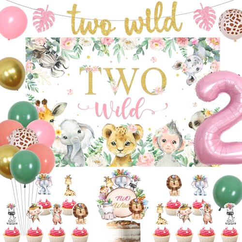 kreat4joy Zwei wilde Geburtstagsdekorationen Mädchen, rosa Safari Dschungel Tier 2. Geburtstag Dekorationen Wild Two Hintergrund Banner Kuchen Cupcake Toppers Salbeigrün Rosa 2 Folienballon für