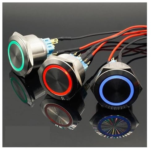 30mm 6V 12V 24V 220V Blue Ring Led Light Momentary/Locking Push Button Switch DPST Metal Industrial Boat Car DIY Switch(White,LOCKING_220V)