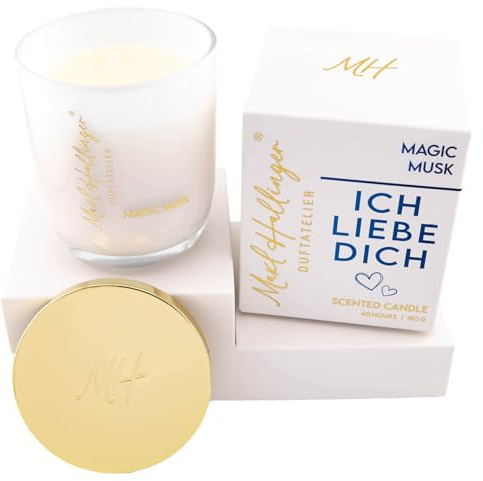 Hallingers Genuss Manufaktur Duftkerze Valentinstagsgeschenk - 40h Raumduft Sojawachs-Kerze im Glas Maxl Hallinger in Geschenkbox Ich liebe Dich ... Moschus, Valentintstag für Männer Freund