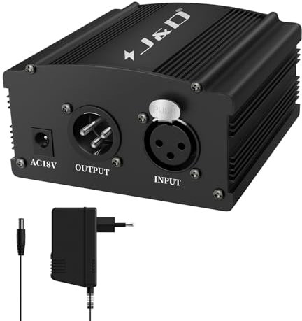J&D 48V Phantom Power Supply, 1-Kanal Design mit Adapter, Kompatibel mit Allen Kondensatormikrofonen, Ideal für professionelle Musikaufnahmen und Studioanwendungen, Schwarz