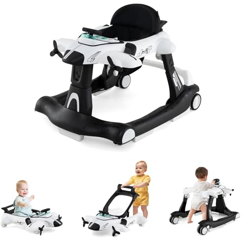 GOPLUS 6 in 1 Lauflernhilfe, Lauflernwagen mit einstellbarer Geschwindigkeit & 3 Höhen, Esstablett, Musik, Lichtern & klappbarem Design, Babywalker im Flugzeugmotiv für Baby 6–18 Monaten (Weiß)