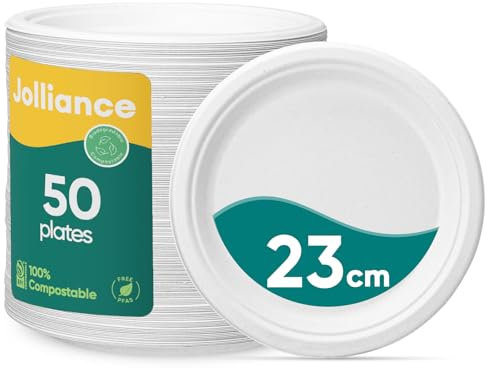 Jollliance 100% kompostierbare Pappteller, Heavy Duty Einwegteller 9 Zoll/23 CM 50er Pack - Hergestellt aus Zuckerrohr Bagasse Faser, Weiß Einwegteller, Biologisch abbaubar