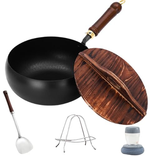 Suntuup Japanese Iron Pan – Hand-Forged Uncoated Wok with Spatula, Stand & Cleaning Brush, Naturally Non-Stick, Durable Yet Lightweight, for Gas & Induction Cooktops (Hammered wooden lid, 28 cm)