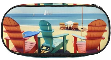 JGHHOUN Federmäppchen mit Strandkörben und Landschaftsdruck, geräumiges Stifteetui, Reißverschluss, hohe Kapazität, Make-up-Werkzeuge, Bürobedarf