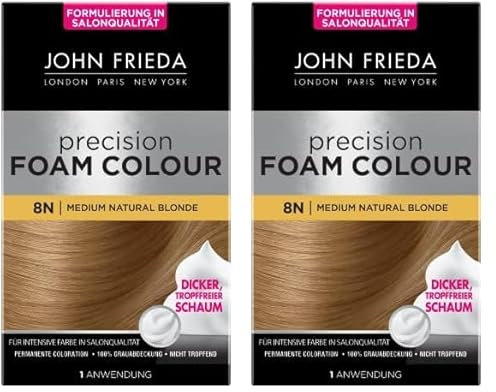 John Frieda Precision Foam Colour, Mittleres Blond, Permanente Coloration in Schaumform, Perfekte gleichmäßige Abdeckung, Für 1 Anwendung, Gelb, 130 ml (2er Pack)
