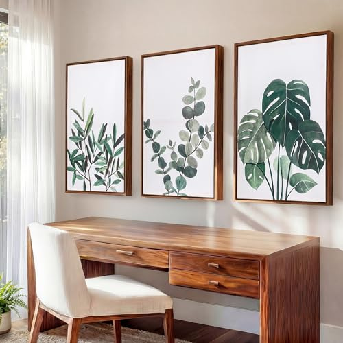 Neutral Boho Framed Wall Art Set of 3, 16x24in Each, Floating Frames Included, Ready to Hang, 1.38in Deep Gallery Canvas, Monstera Eucalyptus Olive Leaf Decor for Living Room, Bedroom & Office