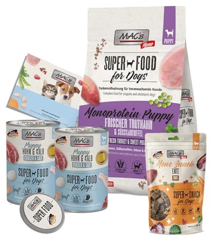 Mac's Puppy Welpen-Box – 2X Nassfutter 400g + 1x Trockenfutter 750g + 1x Mono Snack Ente 100g – Getreidefrei, auch für allergieempfindliche Hunde, inkl. Bonusmaterial