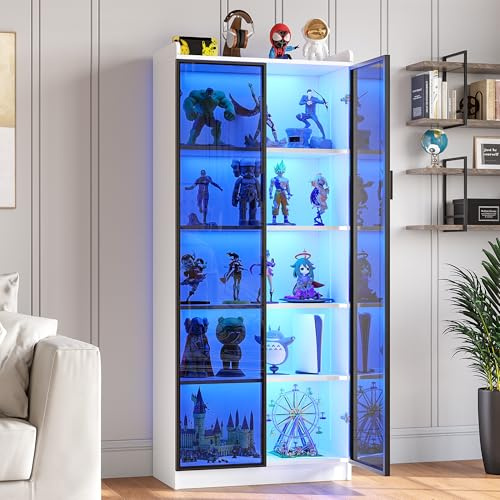 FREDEES LED Display Cabinet with 2 Doors and Adjustable Shelf, 165CM, White | Motion Sensor LED Lights, 5 Tier Tall Display Case For Anime Figure/Collectibles/Toys/Books, Ample Storage Space