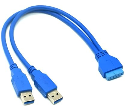 AYMBH Dual USB 3.0 Type A Male to 20 Pin Female Header Cable - High-Speed 5Gbps Data Transfer, 2-Port USB 3.0 Extension, 19/20 Pin Motherboard Header, 30cm, Blue, Durable PVC and Copper Construction.