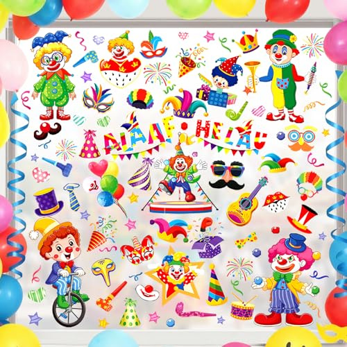 CHIHOLEN 9 Bögen Fensterbilder Karneval, Selbstklebend Clown Fenster, Statisch Haftende Fensteraufkleber Wiederverwendbar, Aufkleber Fasching Clown Fenster für Karneval Party Deko (B)