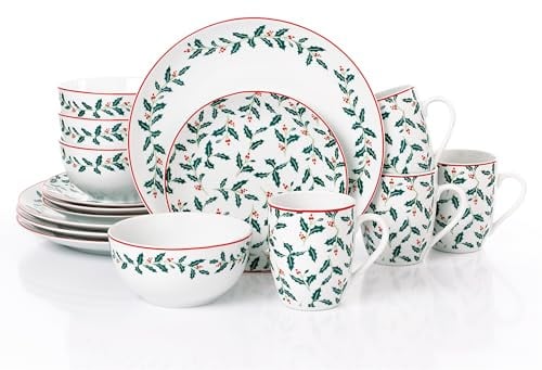 Holly Day Kombiservice 16teilig für 4 Personen Weihnachtsgeschirr Porzellan | klassisches Stechpalmendekor auf der runden Form, traditionelle Farben, Merry Christmas in rot-grün-weiß Waterside-Collection