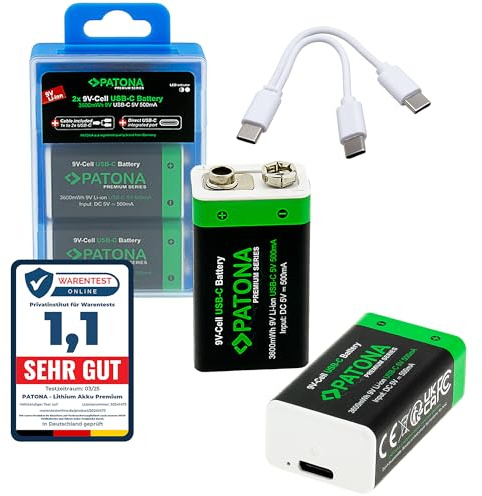 PATONA 4X Premium 9V Block Akku 6F22 3.6Wh 500mA, wiederaufladbar per USB-C | Wiederaufladbar mit 1-zu-2 USB-C-Ladekabel – für Rauchmelder, Fernsteuerungen, Funkmikrofone, Wecker und Taschenlampe