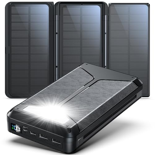 Batterie Externe 63200mAh Solar Powerbank sans Fil avec 3 Panneaux Solaires Pliables, Charge Rapide PD22.5W 5 Ports, Lampe de Poche Écran LED, Batterie Solaire Haute Capacité pour Outdoor