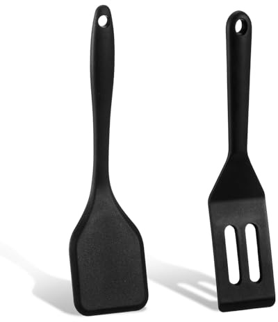2Pcs Small Silicone Spatula Mini Spatula Silicone Heat Resistant Non Stick Serve Turner Thin Spatulas for Flip Non Stick Frying Pan Eggs Crepe Steak Pizza Kitchen Cooking Flipping Utensil (Black)