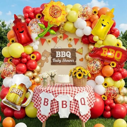 CboDeco BBQ Balloon Arch Garland Kit,Red Yellow Orange Balloons with Beer Pig Sunflower Sauce Bottle Foil Balloons for Barbecue Picnic Kids Baby Shower Baby Q Party Decorations