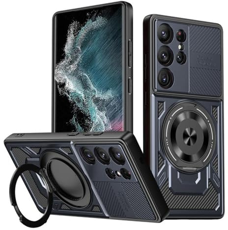 Techsuit für Samsung Galaxy S22 Ultra 5G Hülle mit Militärischer Schutz, Kameraschutz, Integrierter Ständer, Magnetring Kompatibel, Stoßfest, Verstärkte Ecken, RuggedCam Series, PC TPU Hybrid, Blau
