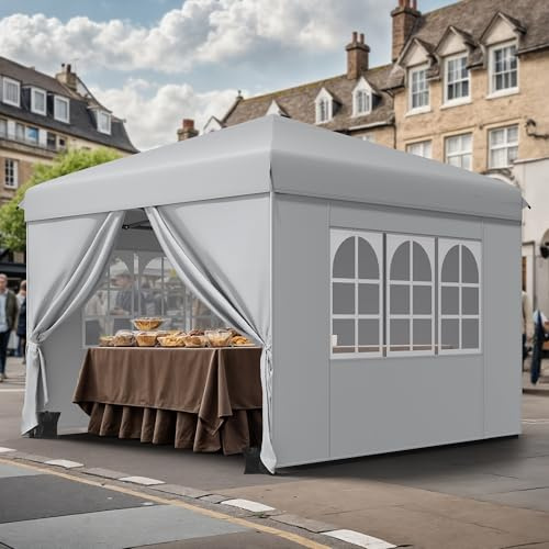 DWVO 3x3m Pop-Up Pavillon,Faltpavillon Anti-UV 50+ für Camping Grau Weiß | Wasserdicht mit 4 Seitenteilen Rolltasche,Höheverstellbar 250 bis 270cm