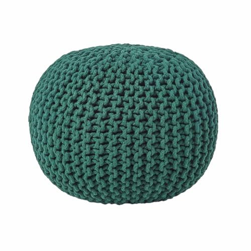 Homescapes Pouf Strickpouf rundes Bodenkissen, Sitzpouf 35 x 40 cm, gepolsterter Sitzhocker, Sitzpuff/Puff mit grob gestricktem Bezug aus 100% Baumwolle, Strickpuff, grün/tannengrün