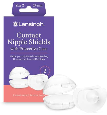 Lansinoh Contact Nipple Shield with Carrying Case, 2 Count, 24mm, for Breastfeeding Assistance with Short Term Latch On Difficulties, Ultra-Thin, Super Soft, Flexible, 100% Silicone, BPA and BPS Free