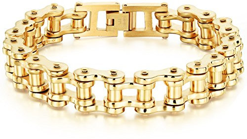 JewelryWe Schmuck Herren Armband, Schwer Biker Link Fahrradkette, Edelstahl, Gold